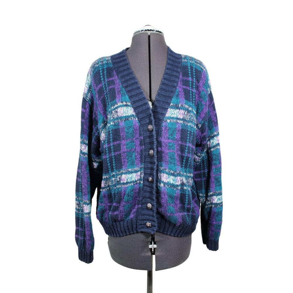 Savannah women's‎ vintage v-neck plaid knit relaxed fit cardigan L